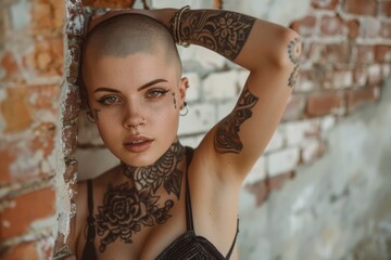 A woman with a beautifully tattooed back, displaying a collection of artistic designs that reflect her individuality, A fierce lady model with a shaved head and intricate tattoos, AI generated