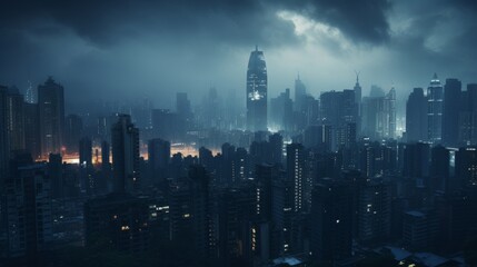 Futuristic Cityscape at Night: A Dark and Foggy Metropolis