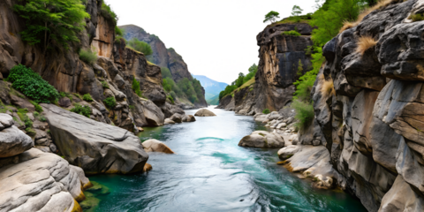 Scenic river winding through rocky cliffs in a lush valley, cut out transparent