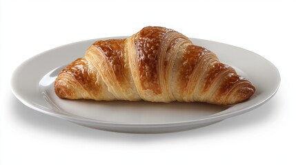 Fresh golden croissant on white plate isolated background