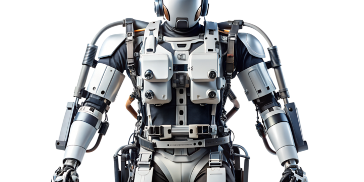 Humanoid robot built for industrial tasks in workshops, cut out transparent