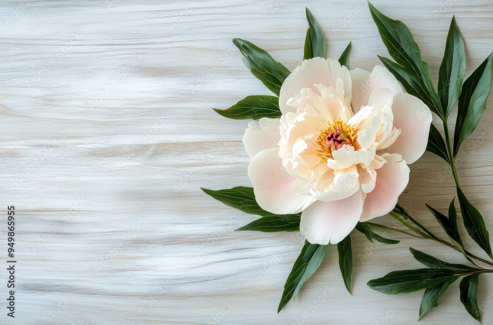 Canvas Prints Single White Peony Flower with Green Leaves on White Wooden Background