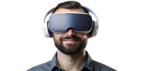 Man wearing virtual reality headset at home in a playful mood, cut out transparent