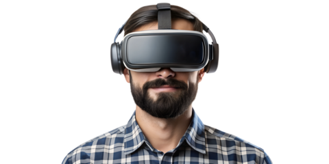 Person wearing virtual reality headset and headphones indoors, cut out transparent