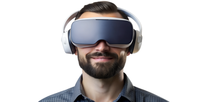 Man wearing virtual reality headset at home in a playful mood, cut out transparent