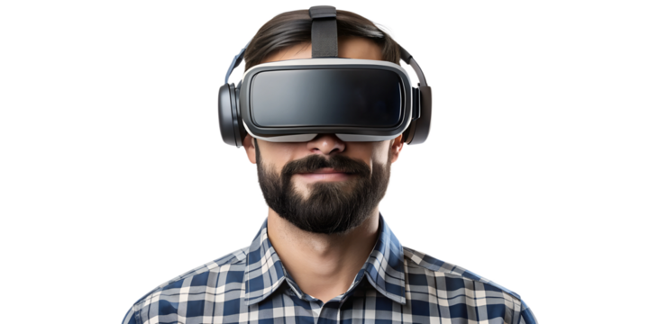 Person wearing virtual reality headset and headphones indoors, cut out transparent