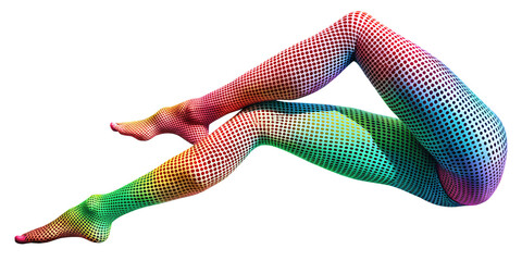 Vibrant fishnet leggings showcased in a colorful pose, cut out transparent