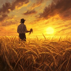 Fototapeta premium Farmer in a Wheat Field: A farmer standing in a golden wheat field, holding a handful of freshly harvested wheat stalks. The sun is setting in the background, casting a warm, golden glow over the scen