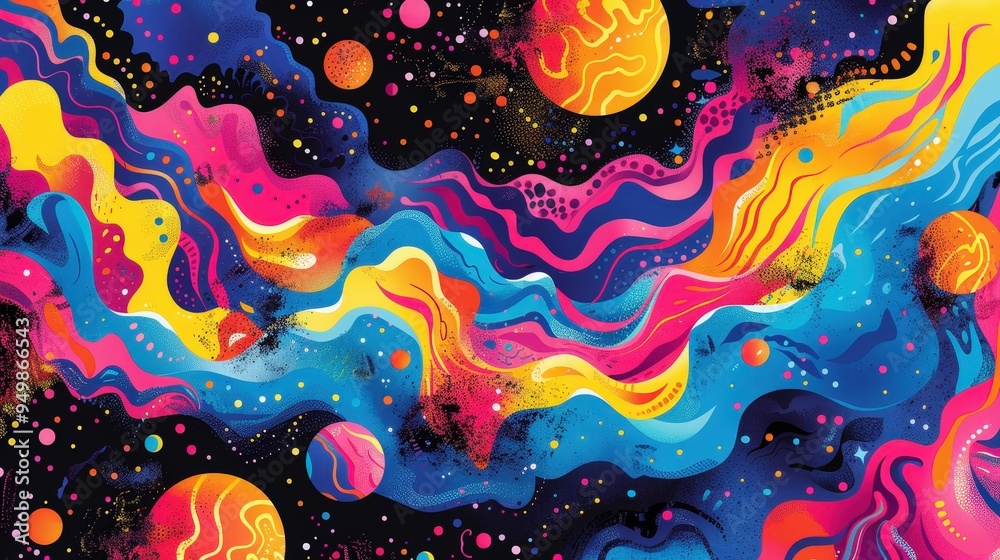 Wall mural an abstract psychedelic colorful background featuring vibrant waves and celestial elements in a cosm