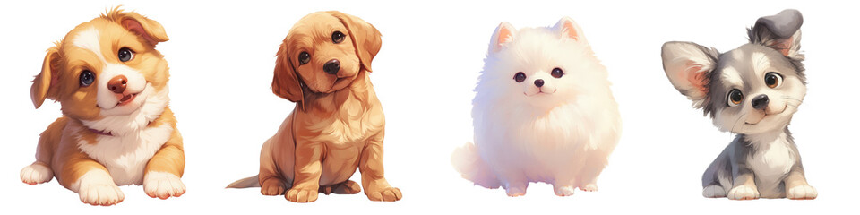 Four cute puppies of various breeds sitting in a row, showcasing their unique and lovable expressions against a white background,clipart,transparent background