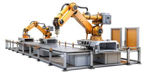 Robotic arms automate precise factory manufacturing tasks, cut out transparent