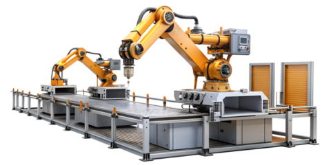 Robotic arms automate precise factory manufacturing tasks, cut out transparent
