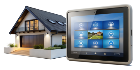 Modern home exterior with a smart control panel in the foreground, cut out transparent