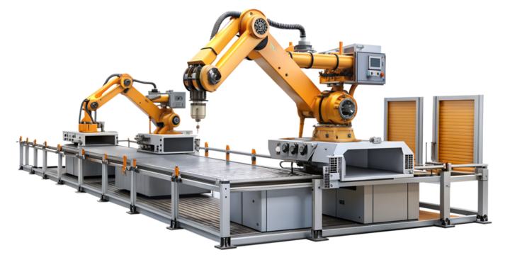 Robotic arms automate precise factory manufacturing tasks, cut out transparent