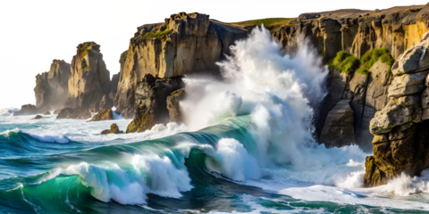 Waves crashing against rugged cliffs at sunset on a coastal shoreline, cut out transparent
