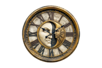 Antique Gold Roman Numeral Clock with Sun and Moon Faces