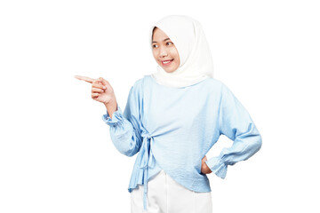 Smiling Hijab girl with Pointing finger isolated transparent
