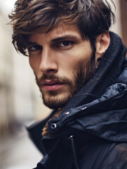 Fototapeta premium Close-up of a man with a rugged beard and intense gaze, wearing a dark jacket outdoors, capturing a brooding and confident look in a moody setting