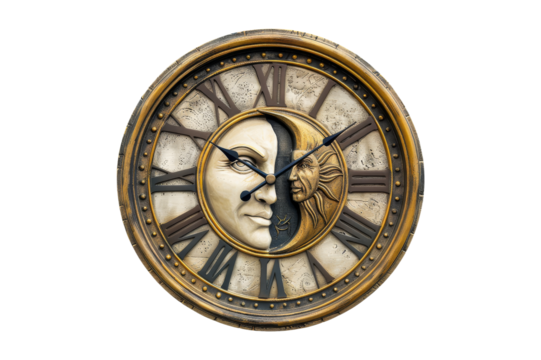 Antique Gold Roman Numeral Clock with Sun and Moon Faces