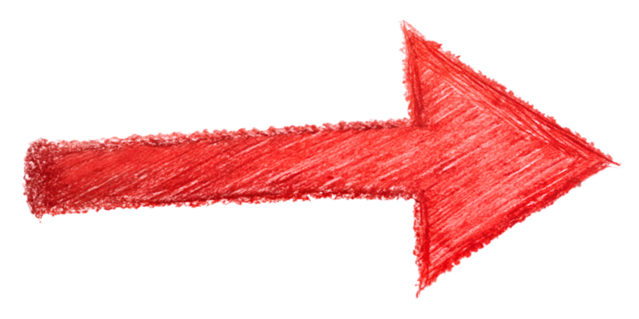 Bright red arrow pointing right drawn with crayon, cut out transparent