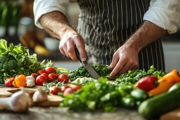 Farm-to-Table Concept: A rustic kitchen scene where a chef is preparing a meal with freshly harvested vegetables. The focus should be on the vibrant colors of the vegetables and the hands of the chef 