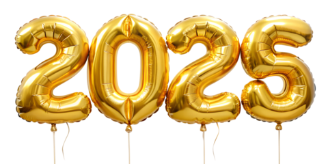 Golden balloons celebrating the arrival of the new year 2025, cut out transparent