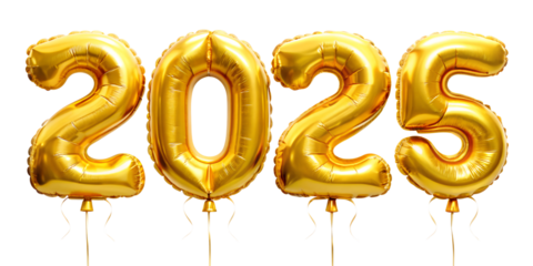 Gold balloons displaying the year 2025 for a celebration event, cut out transparent