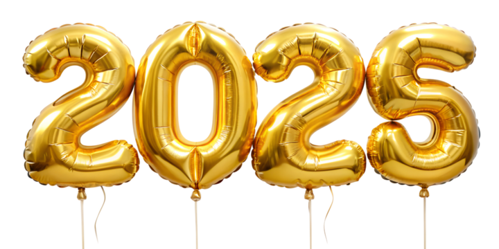 Golden balloons celebrating the arrival of the new year 2025, cut out transparent