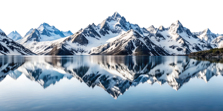 Majestic snow-capped mountains reflect in tranquil lake at dawn, cut out transparent - Powered by Adobe