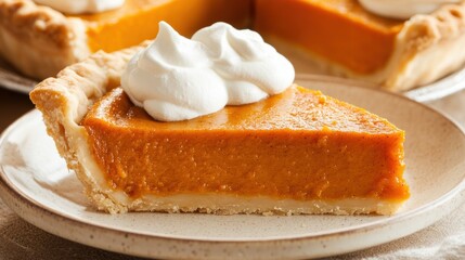 Homemade pumpkin pie with whipped cream on plate