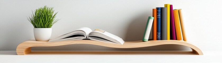 Curved Wooden Book Shelf: A minimalist yet stylish wooden shelf with a unique curved design. It features a book lying open, a potted plant, and a stack of colorful books