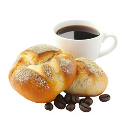 Cup of coffee and bread object isolated on transparent png.