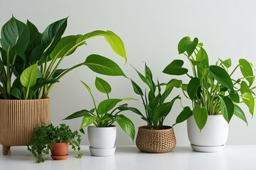 Vibrant Green Plant Showcase Pothos Peace Lily and Spider Plant Against White Background