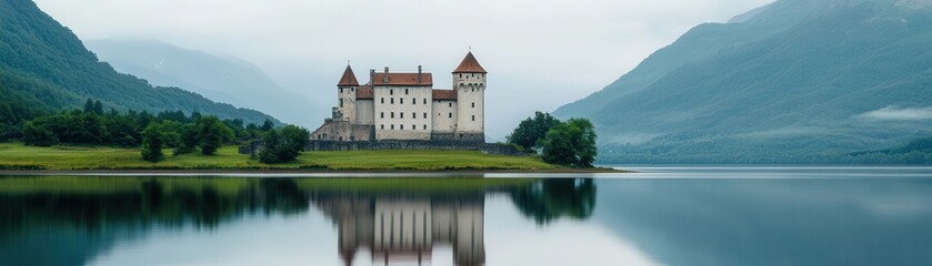 Obraz premium Towering medieval castle reflected in a still lake, creating a mirror image, landscapes, medieval architecture, tranquil scene