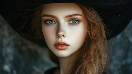 Mysterious woman with captivating blue eyes in black hat