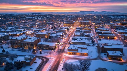 Aerial view of a snow-covered city at sunrise, with buildings lit up and a mountain range in the distance.