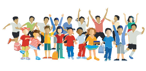 Fototapeta premium Eine grosse Schulkinder Gruppe vergnügt beisammen, Illustration isoliert-.eps