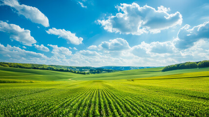 Fototapeta premium Lush green fields stretch under a vibrant blue sky filled with fluffy clouds, showcasing a serene rural environment.