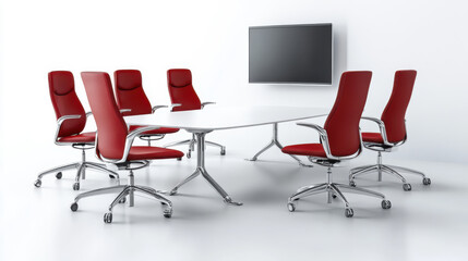 Minimalist conference room featuring red office chairs around a white table, with a large screen on the wall.