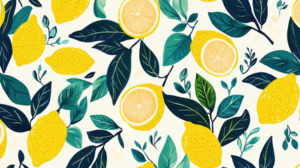 Trendy watercolor lemon pattern. Minimalistic. Rich green and yellow. Light background. Wallpaper. Generative AI