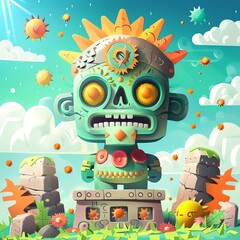 Ofrenda scene with Frankensteins monster, Aztec Sun Stone, and a natural sky background, cute 3D effect, flat design illustration