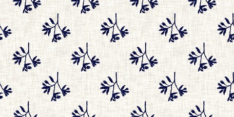 Indigo denim blue leaf motif seamless border. Japanese dye batik fabric style effect print edging swatch. 