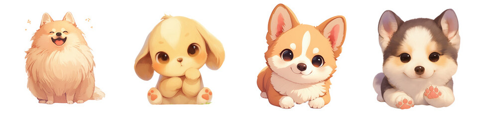 Adorable cartoon-style puppies of various breeds sitting in a row, featuring bright and expressive eyes, isolated .clipart,transparent background
