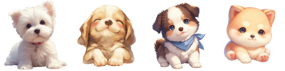 Fototapeta premium Illustration of four cute cartoon puppies from different breeds, showcasing diverse colors and playful expressions, including a puppy with a blue bandana.clipart,transparent background 
