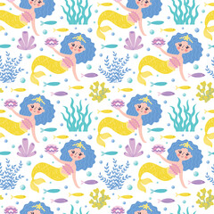 Childrens cute background. Little mermaid with a pearl in seashell and various seaweeds and corals seamless pattern. Underwater life vector illustration