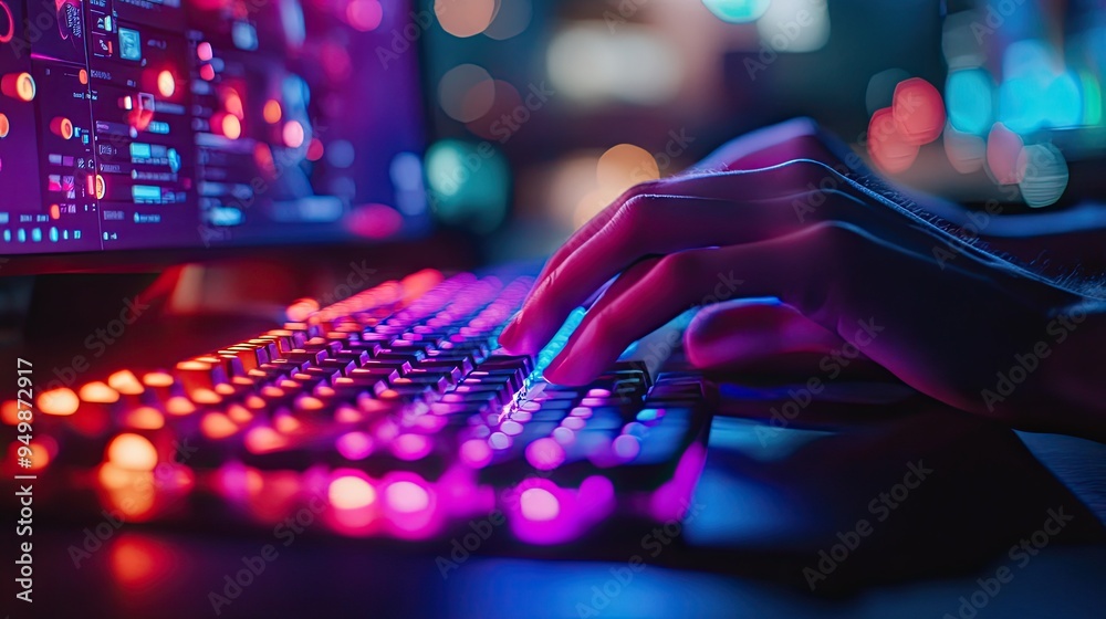 Wall mural a person using a computer with rgb-lit peripherals to create digital art, demonstrating the technolo