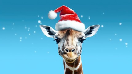 Funny giraffe in a Santa Claus hat. Merry Christmas poster with a giraffe wearing a red Santa hat. New Year poster with giraffe portrait. Christmas and New Year photo, poster, print.