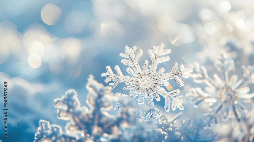 Aufkleber macro photograph of snowflakes sparkling on a sunny winter day, with a shallow depth of field
