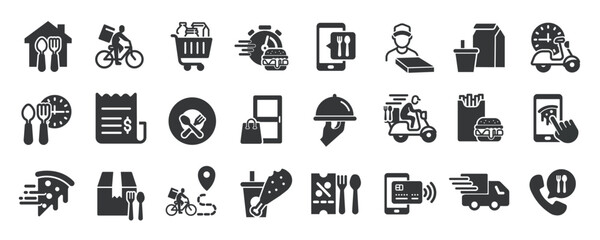 Food delivery glyph solid icons collection. Containing courier, grocery, eatery, shopping. Minimal icon and symbol series vector illustration