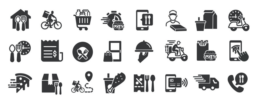 Food delivery glyph solid icons collection. Containing courier, grocery, eatery, shopping. Minimal icon and symbol series vector illustration